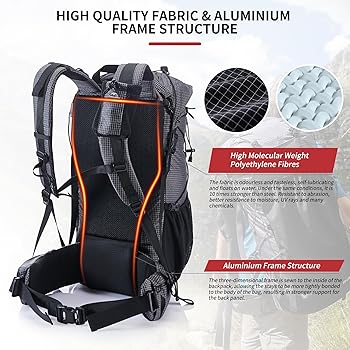 Backpack with high-quality fabric and aluminium frame structure on a white background