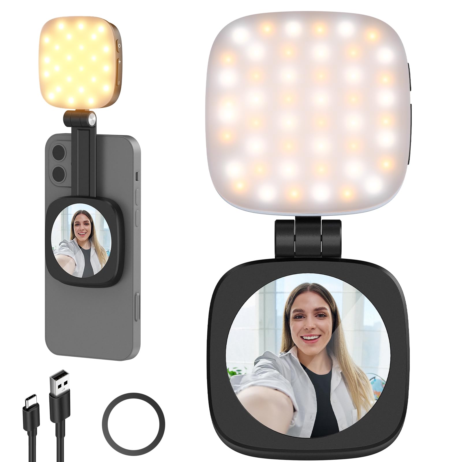 Smartphone with a clip-on selfie light and additional light attachment on a white background