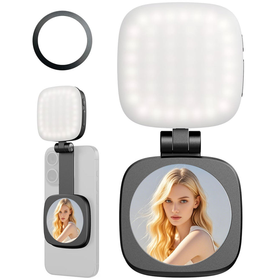 Portable mirror with light attachment on a white background
