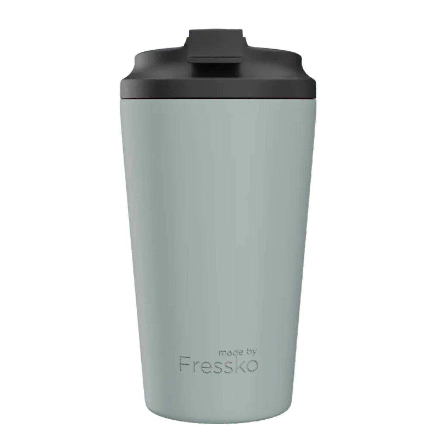 Gray tumbler with black lid on a white background, branded 'made by Fressko'.