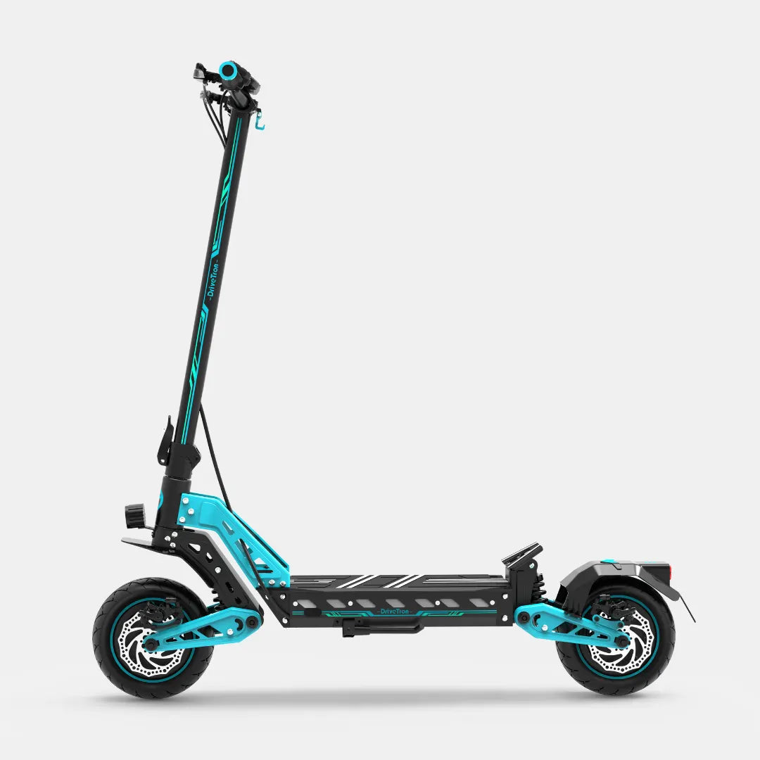 Turquoise and black electric scooter on a white background