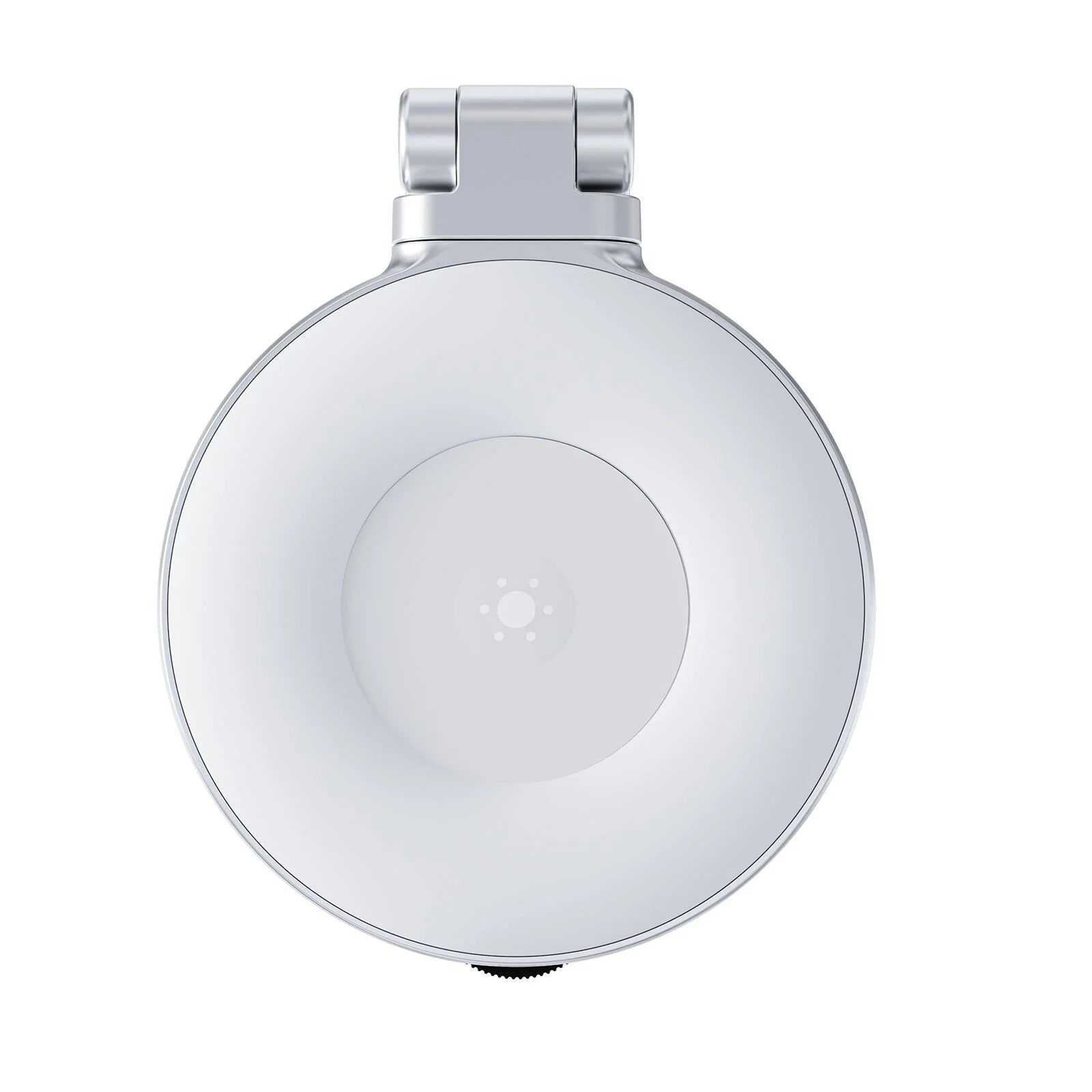 Round white light fixture with metallic base on a white background