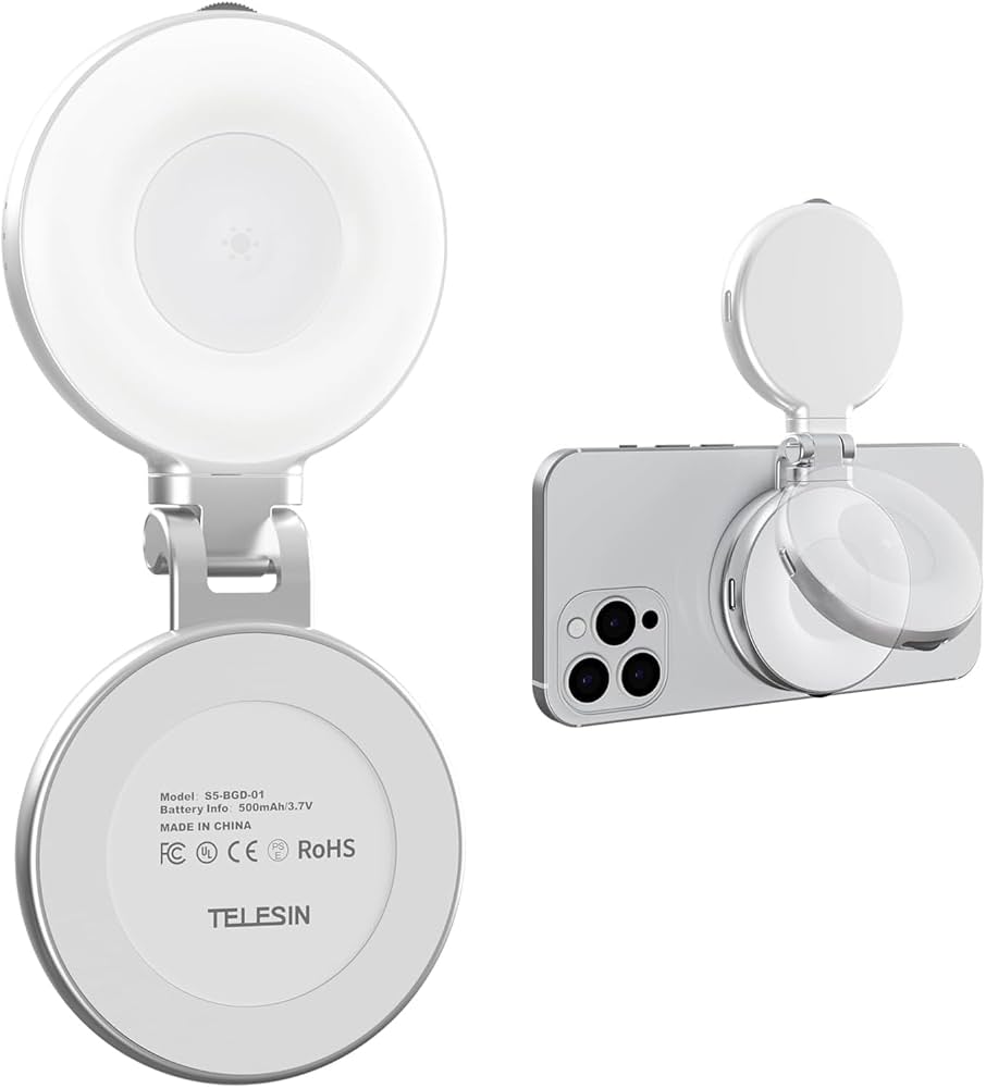Telesin phone ring light attached to a smartphone on a white background