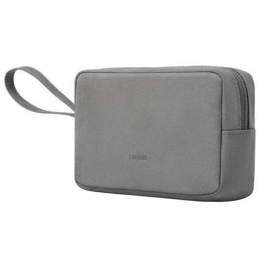 Gray toiletry bag with a strap on a white background