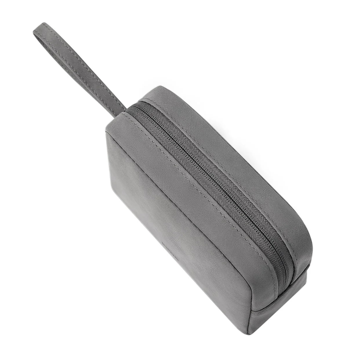 Gray toiletry bag with a handle on a white background