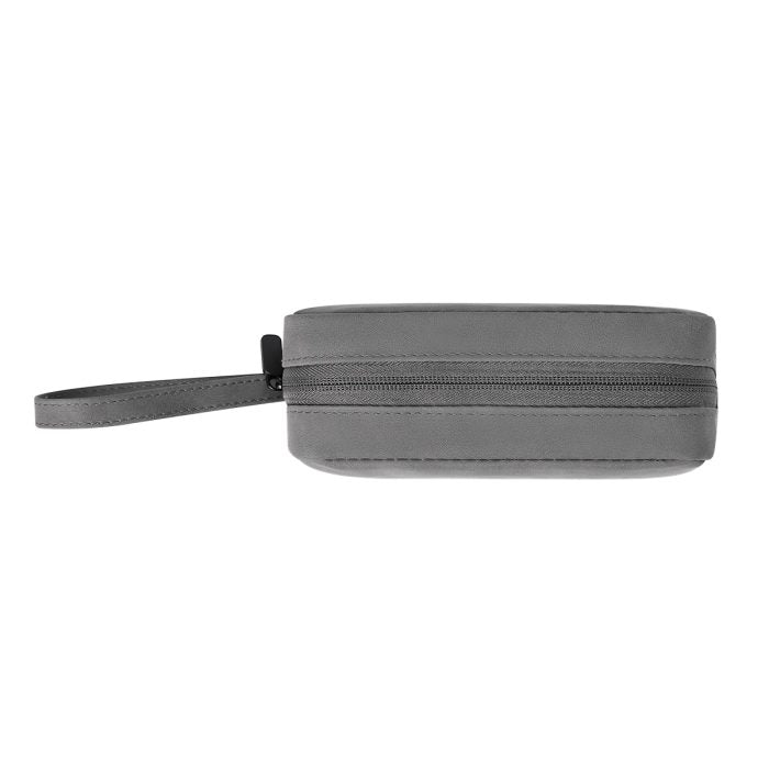 Gray zippered pouch with a strap on a white background