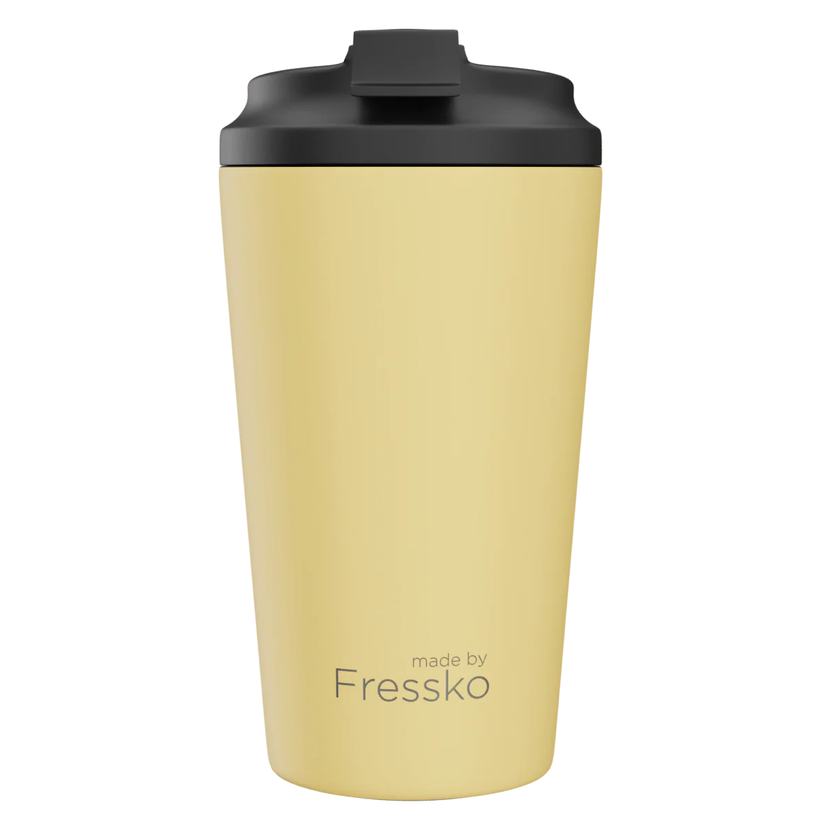 Yellow tumbler with black lid on a white background, branded 'made by Fressko'.