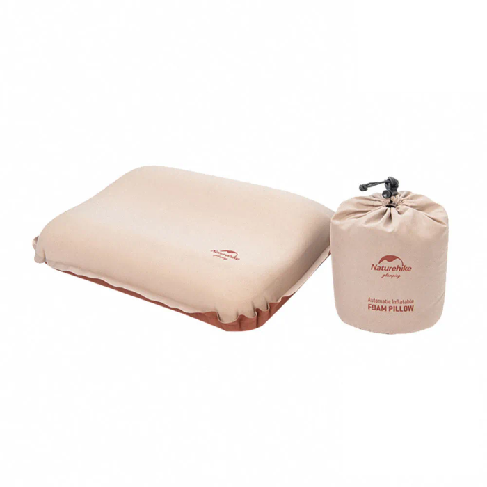 Beige foam pillow with a carrying bag on a white background