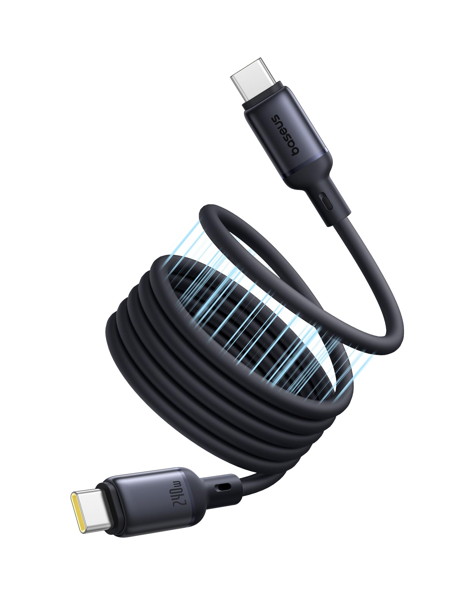 Black USB-C cable with two connectors on a white background