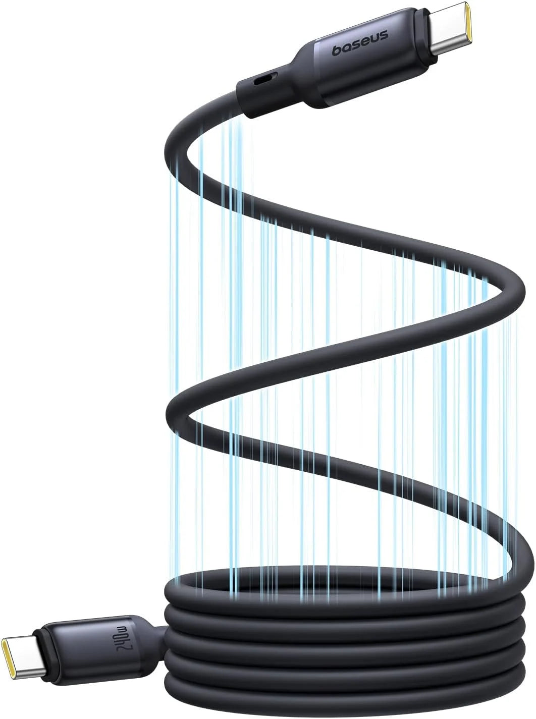Black USB cable coiled on a white background with 'baseus' branding.