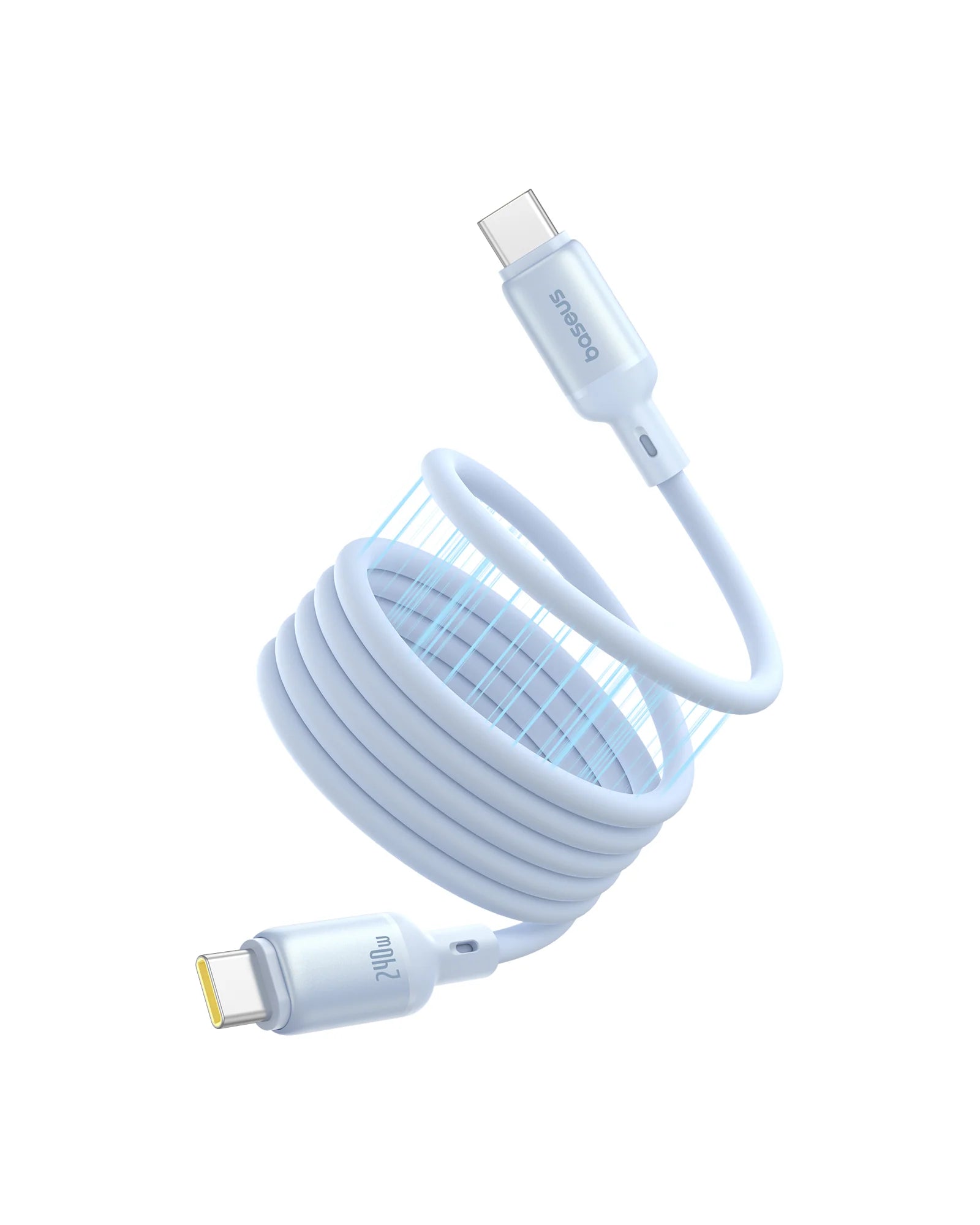 Coiled USB-C cable with two connectors on a white background