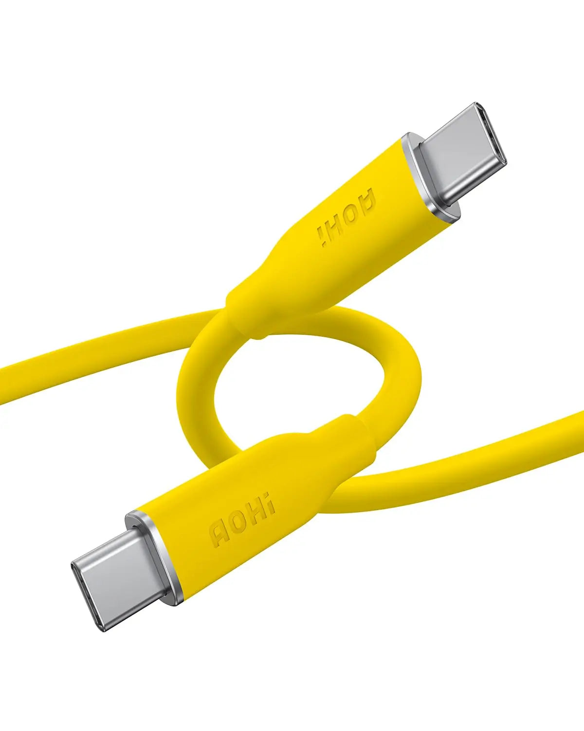 Yellow charging cable with metallic connectors on a white background