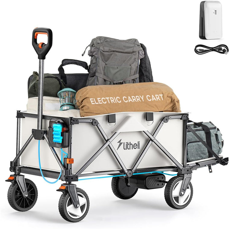Electric carry cart with Lithell branding, filled with items on a white background