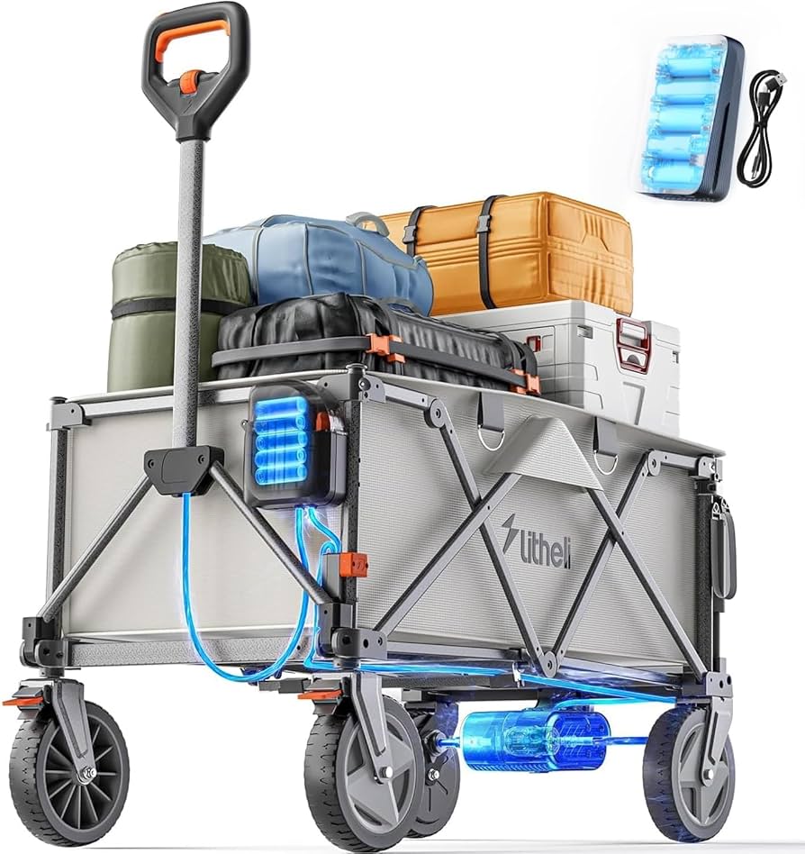 Portable cart with storage compartments and Lithel branding on a white background