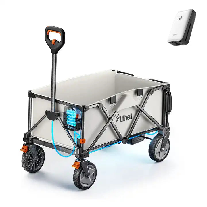 Portable folding cart with wheels and a handle on a white background