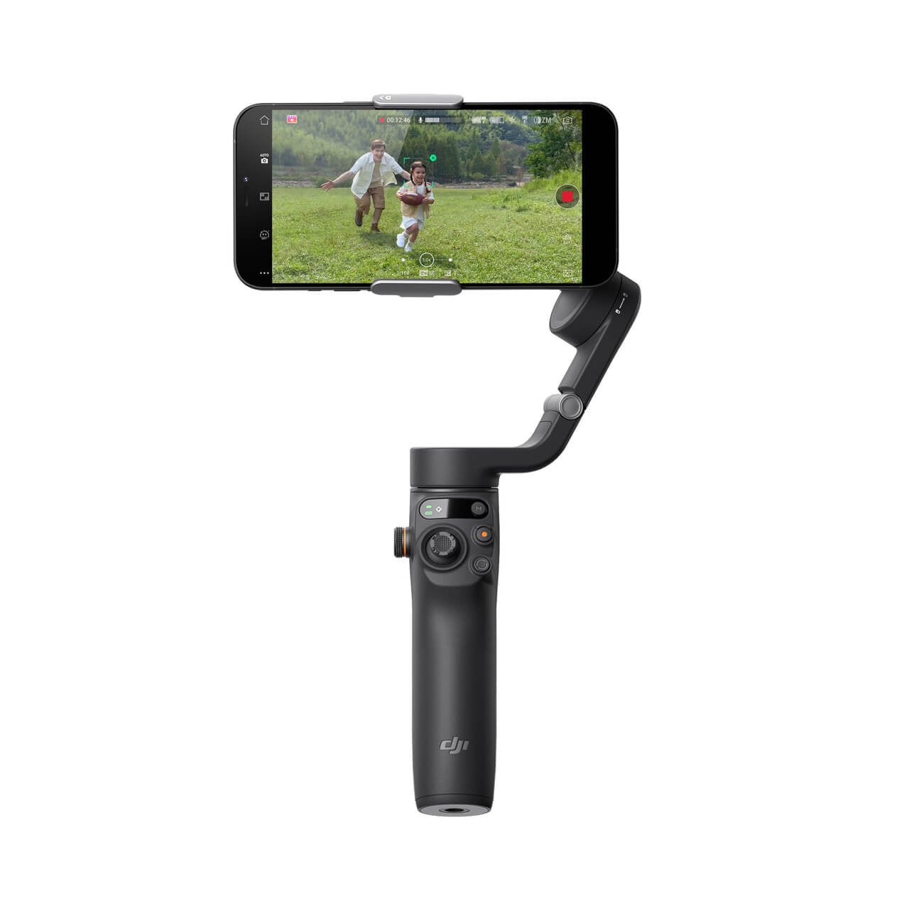 Smartphone mounted on a gimbal with a screen displaying an outdoor scene, on a white background.
