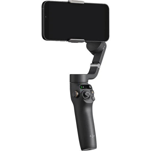 Black smartphone gimbal with phone mount on a white background