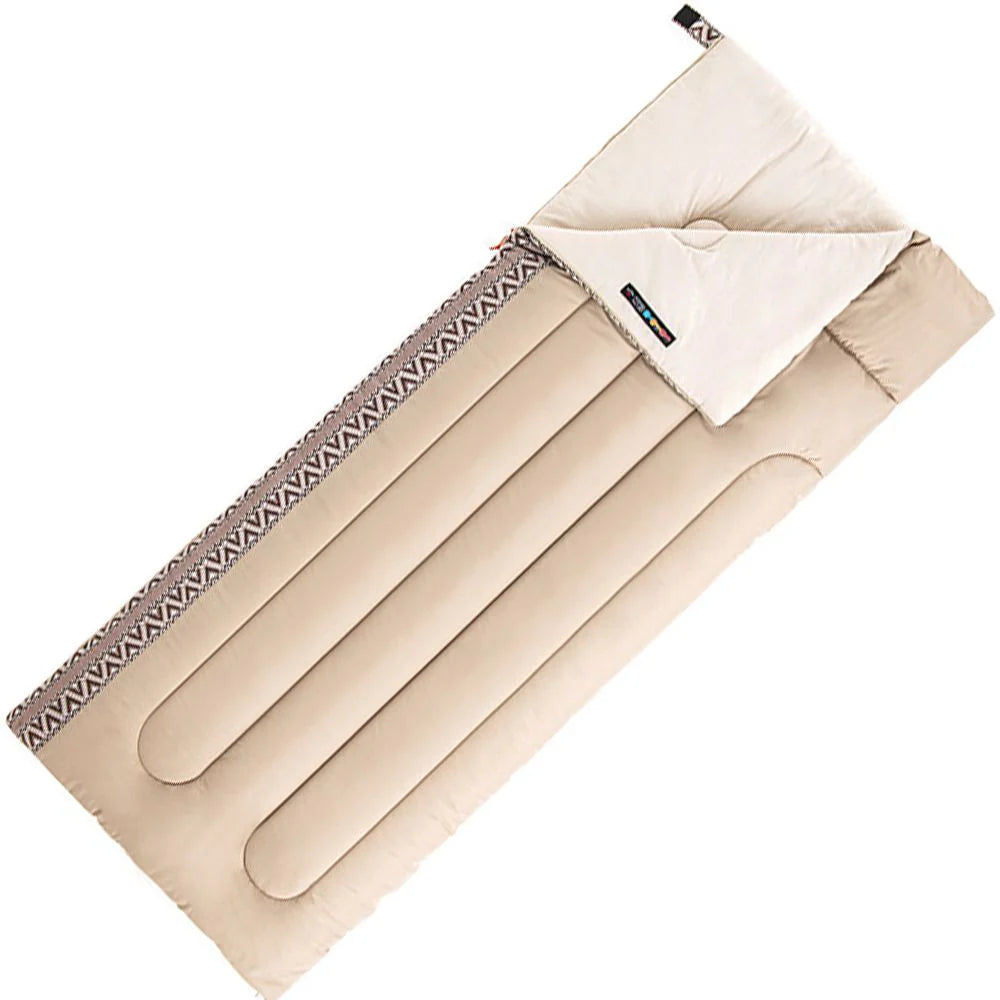 Beige and white baby wrap with patterned edge on a white background