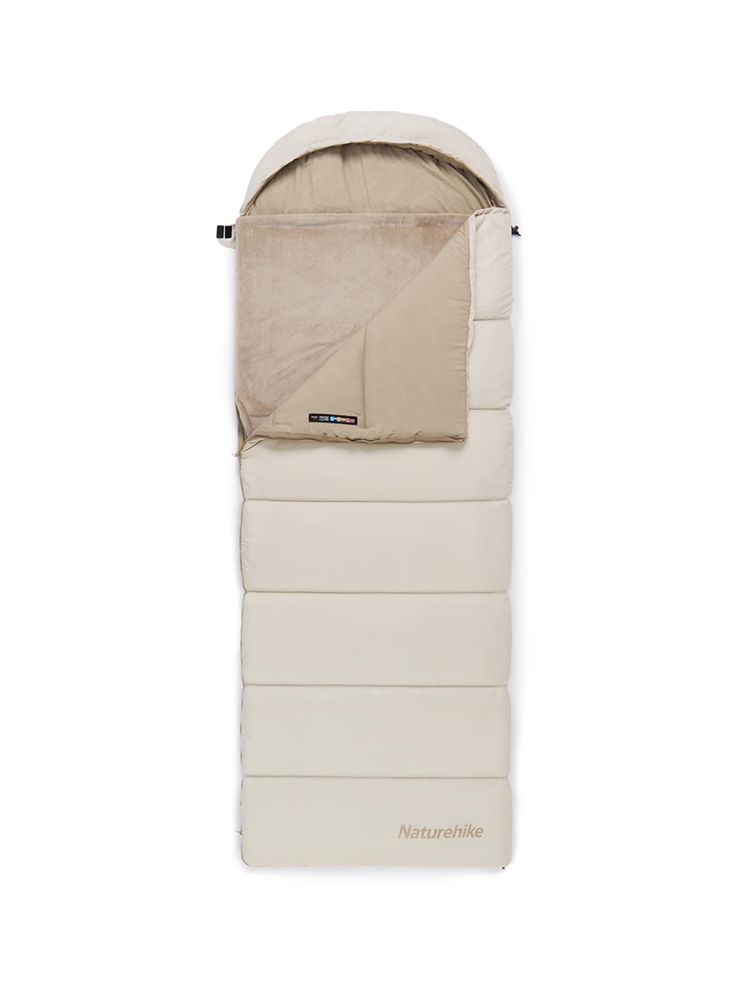 Beige sleeping bag with a brand label on a white background