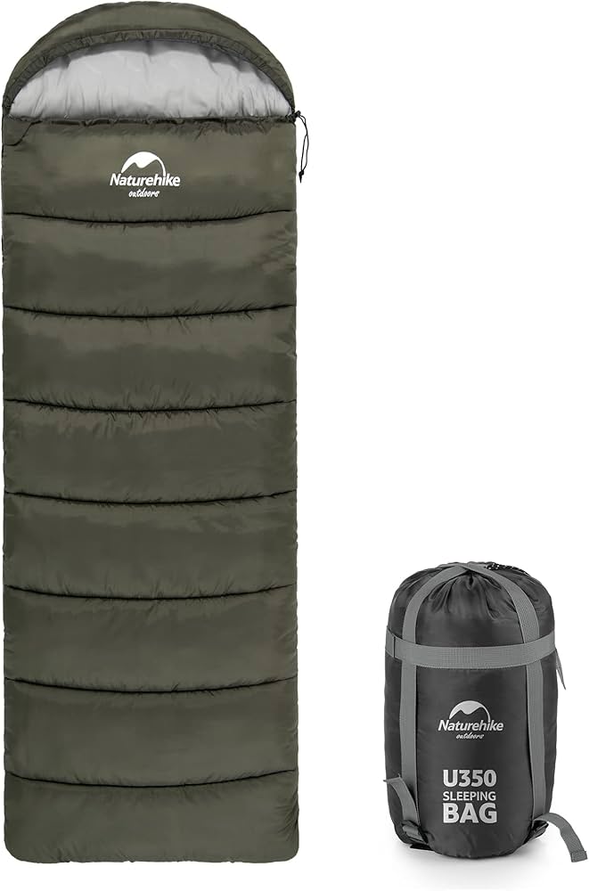 Green sleeping bag with matching carrying bag on a white background, featuring the Naturehike brand.