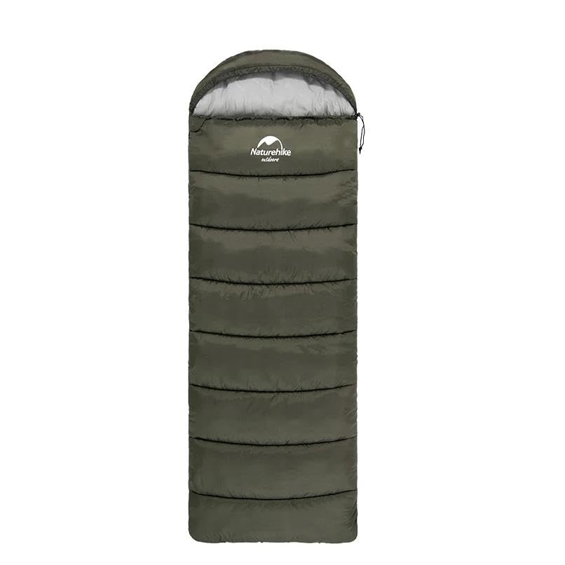 Green sleeping bag with white interior on a white background, featuring the Naturehike brand.