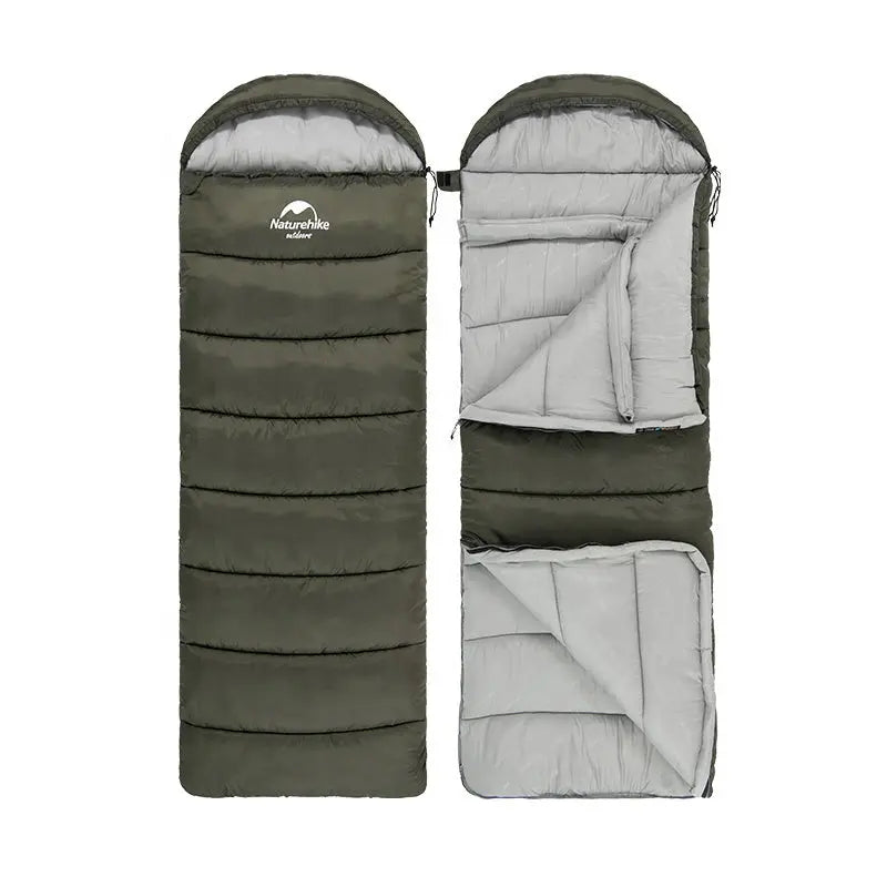 Green and gray sleeping bag with a visible brand logo on a white background