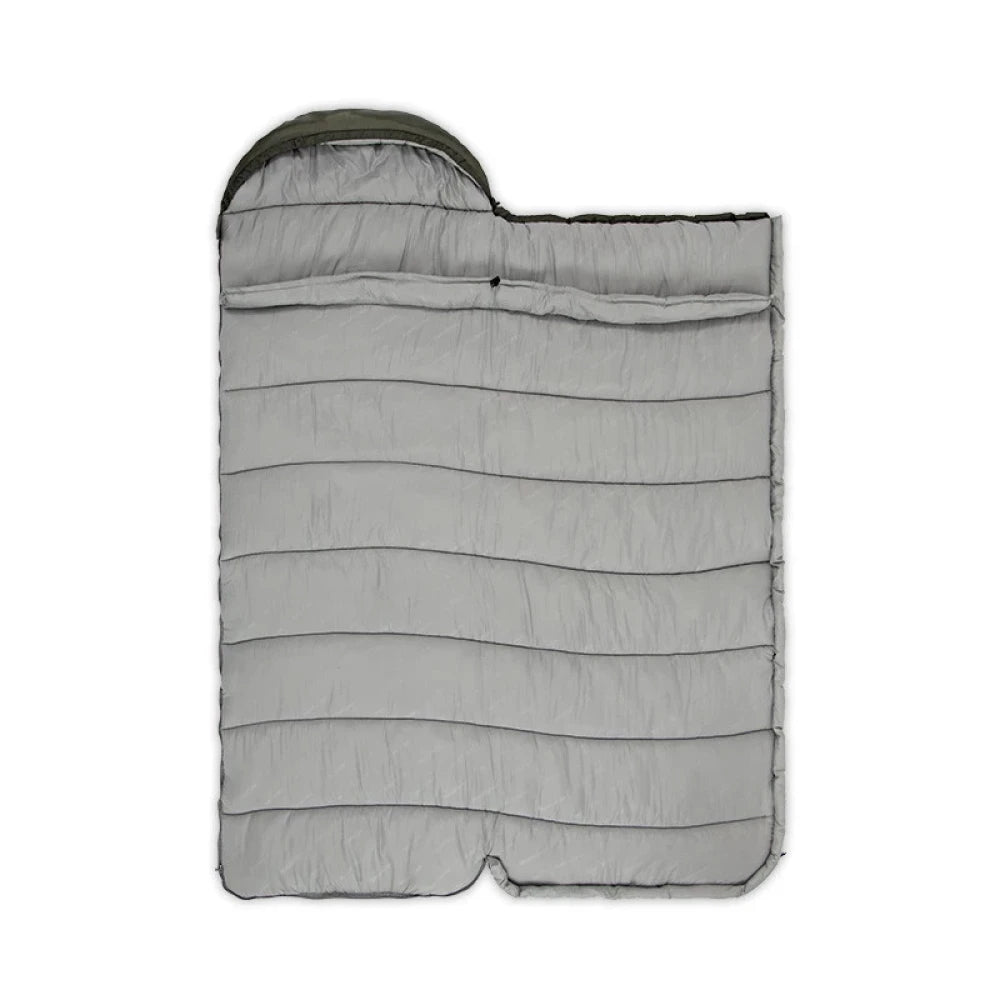 Gray sleeping bag with green top on a white background