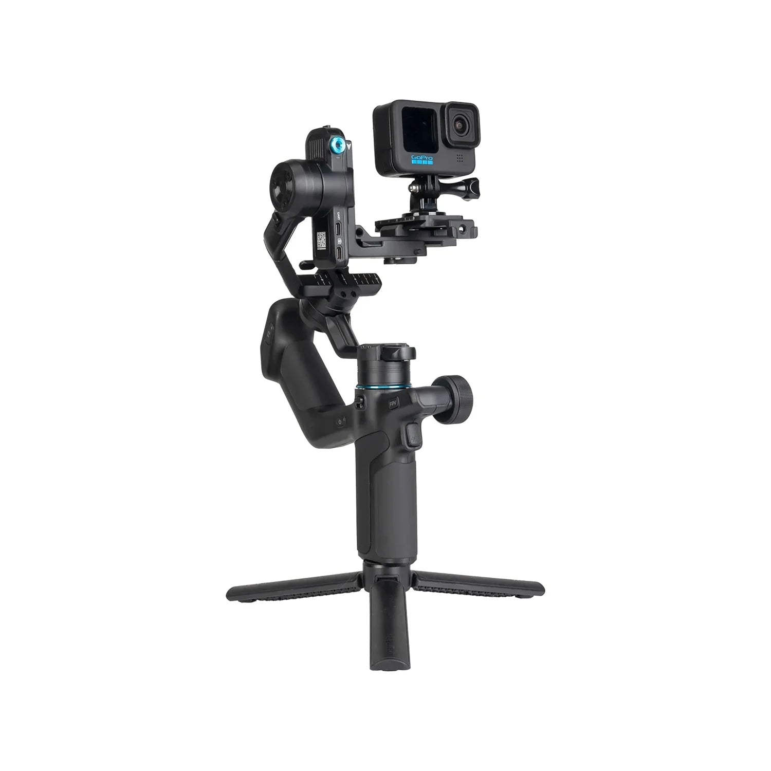 Camera gimbal with a camera attached on a white background