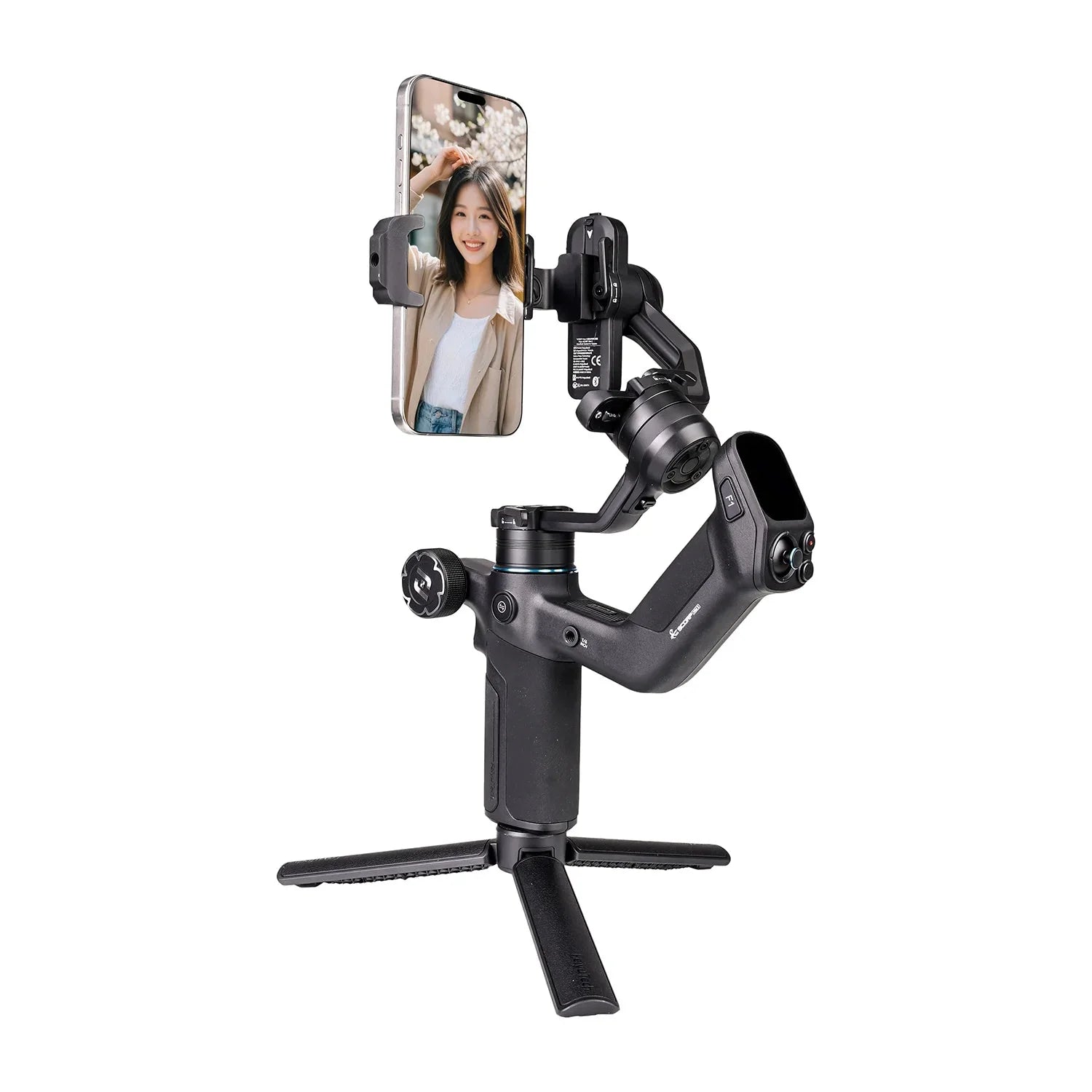 Phone holder with smartphone displaying a person on a white background