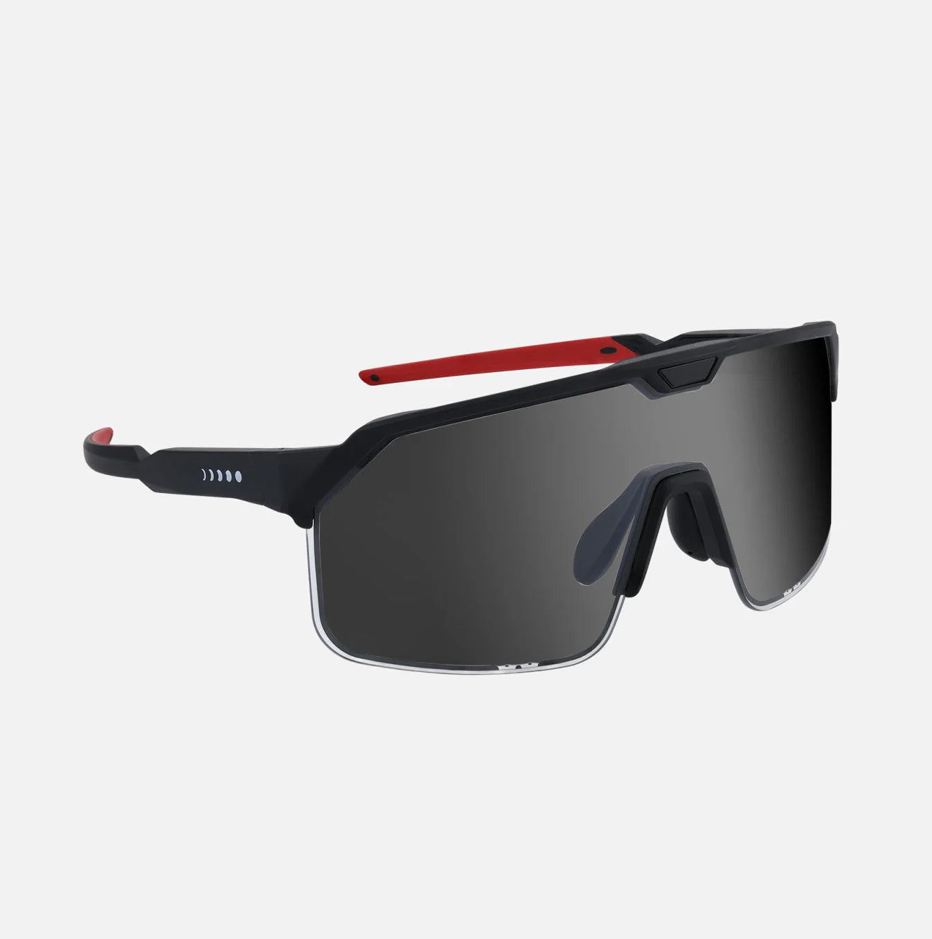 Sunglasses with black frame and red accents on a white background