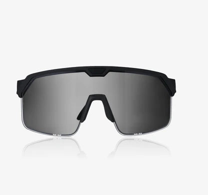 Black sunglasses with reflective lenses on a white background