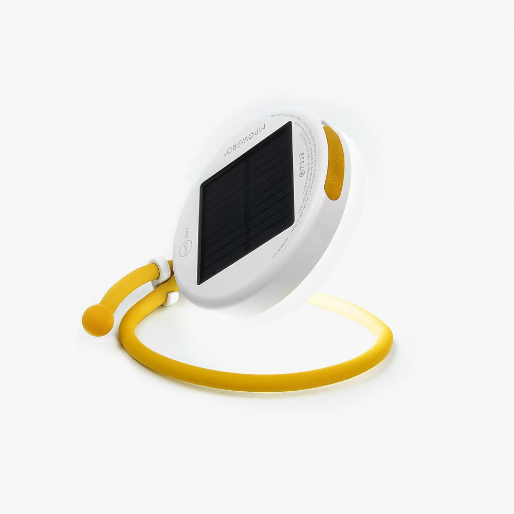 Solar-powered device with a yellow strap on a white background