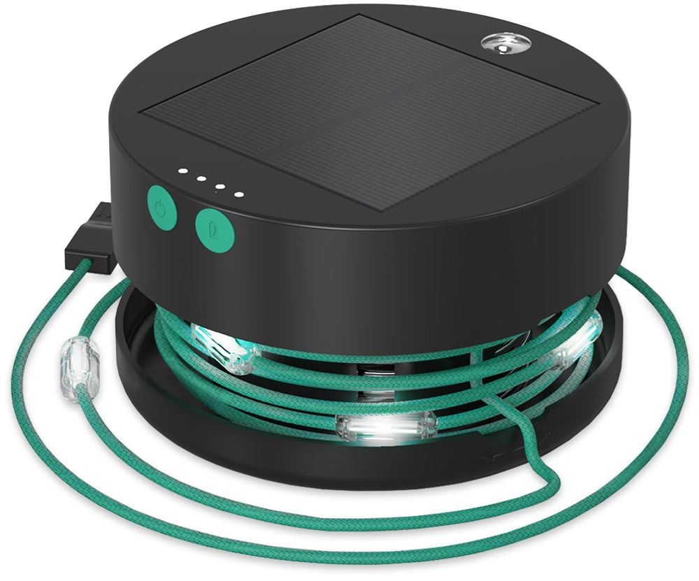 Black solar-powered device with green cable on a white background