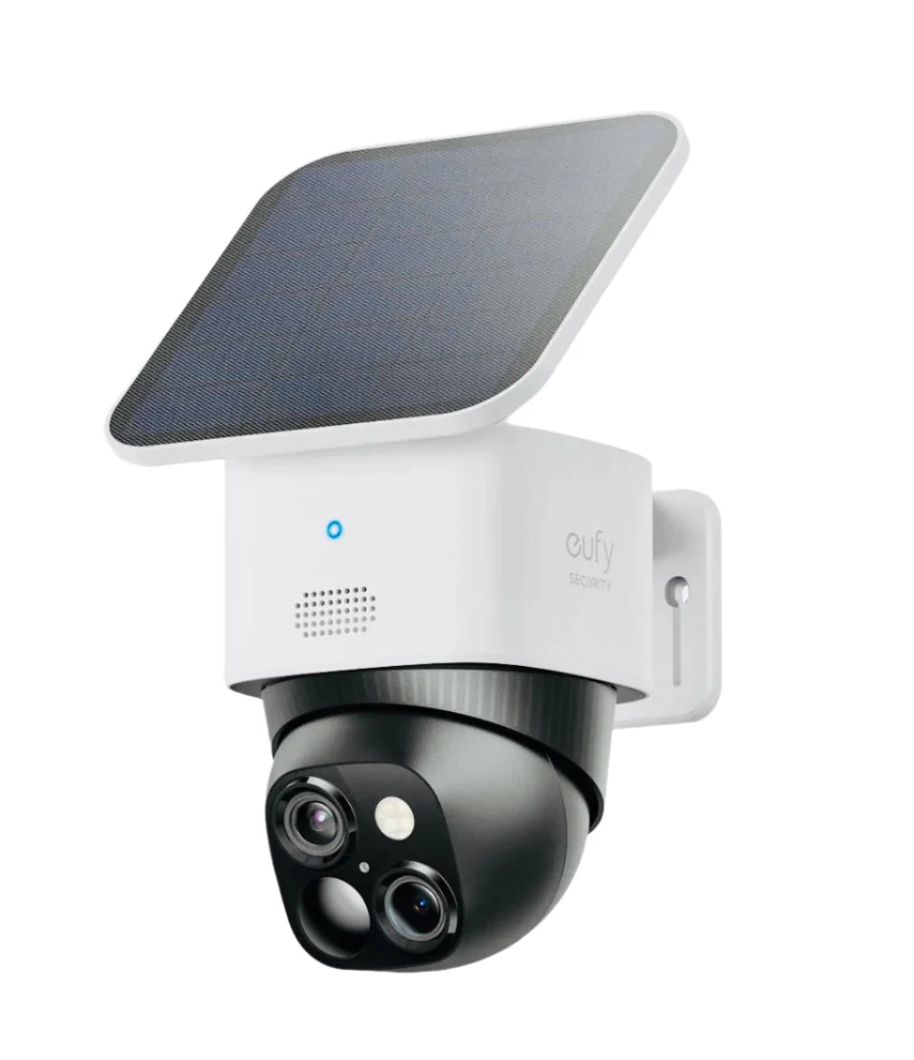 Outdoor security camera with solar panel on a white background