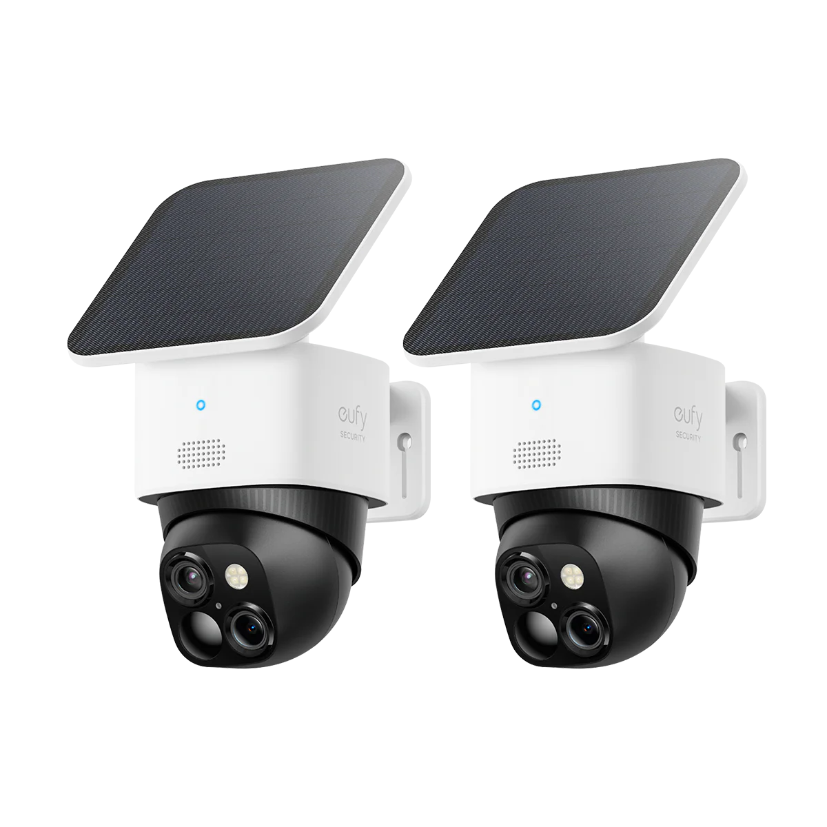 Two security cameras with solar panels on a white background