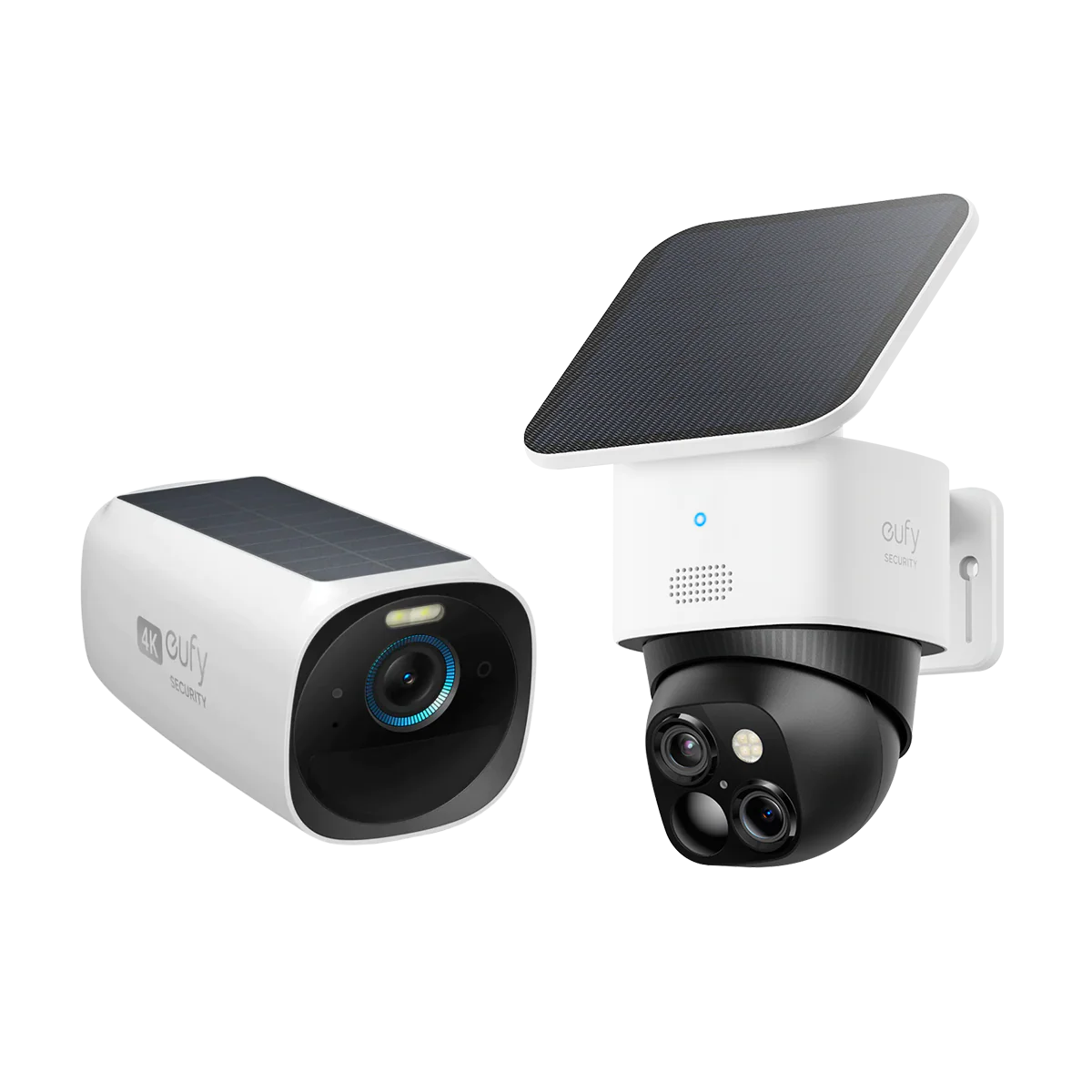 Two security cameras with solar panels on a white background