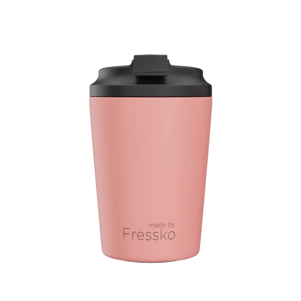 Pink travel mug with black lid on a white background, branded 'made by Fressko'.