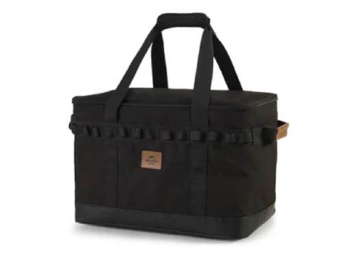 Black duffel bag with a brown leather patch on a white background