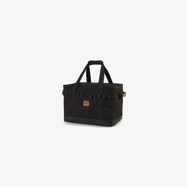 Black tote bag with a visible brand logo on a white background