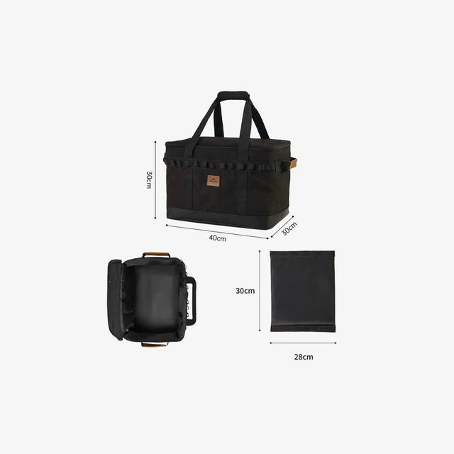 Black bag with dimensions displayed on a white background