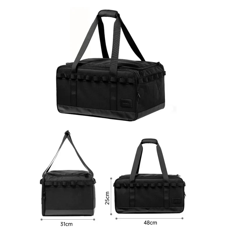 Black duffel bag with measurements on a white background