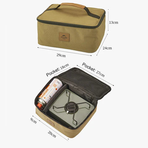 Beige travel bag with dimensions and an open section showing a camping stove and fuel canister.