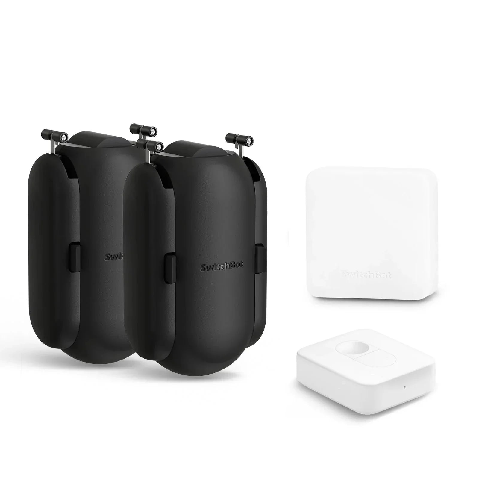 Two black folding chairs and a white power station on a white background