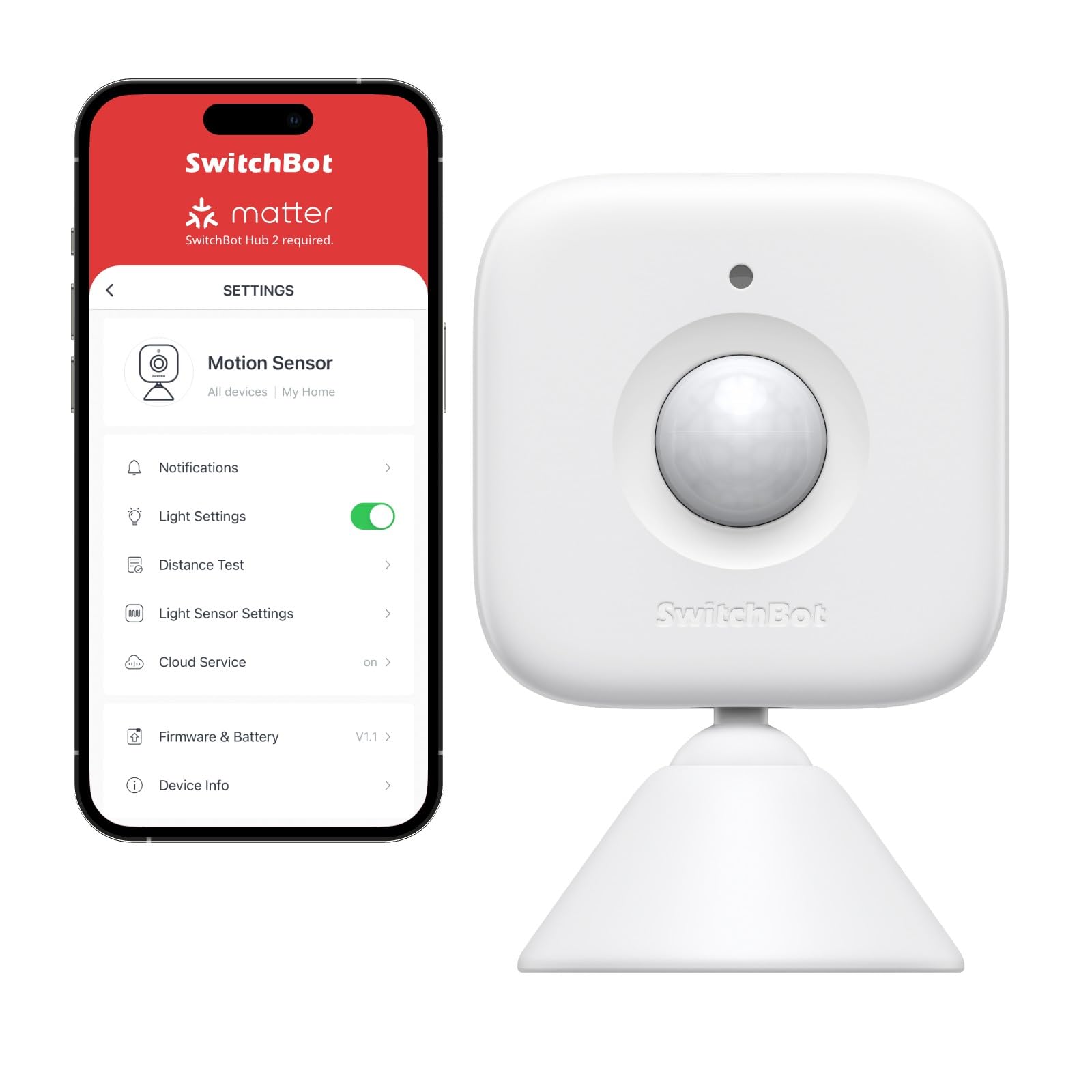 White SwitchBot motion sensor with smartphone displaying its app interface on a white background