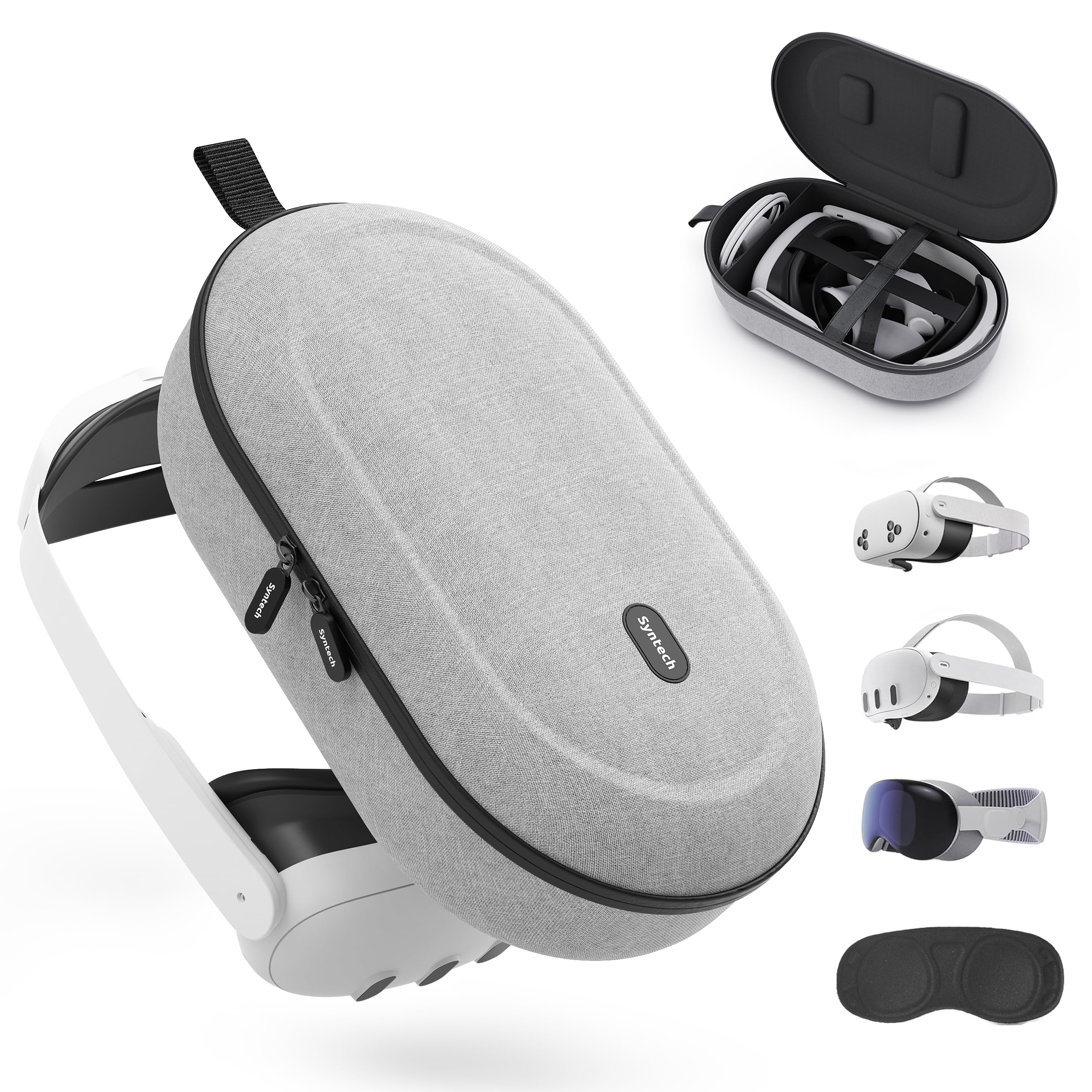 Gray carrying case for VR headset with additional accessories on a white background