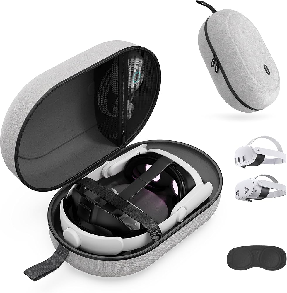 VR headset in a carrying case with accessories on a white background