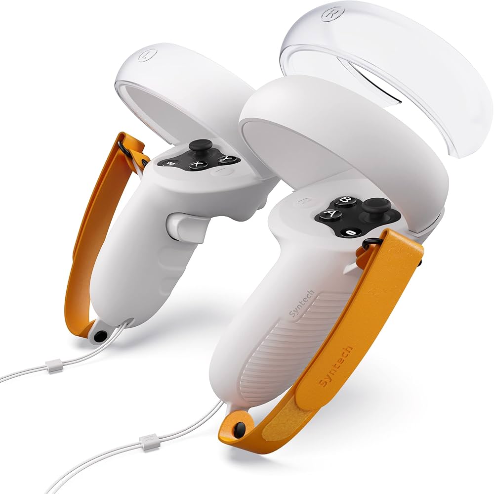 White gaming controllers with orange grips on a white background