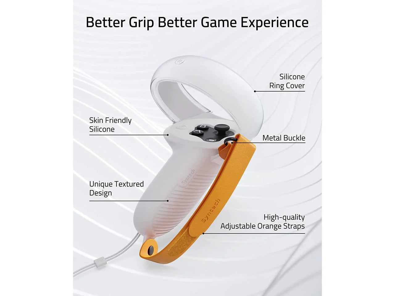 White and orange gaming accessory with labeled features on a white background