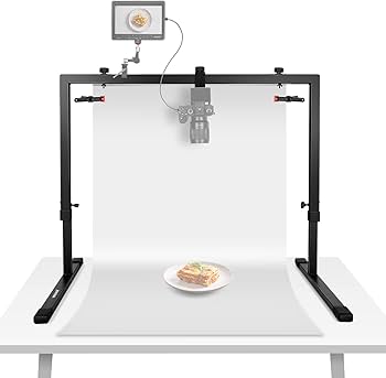 Photography light stand with a white backdrop and food on a plate