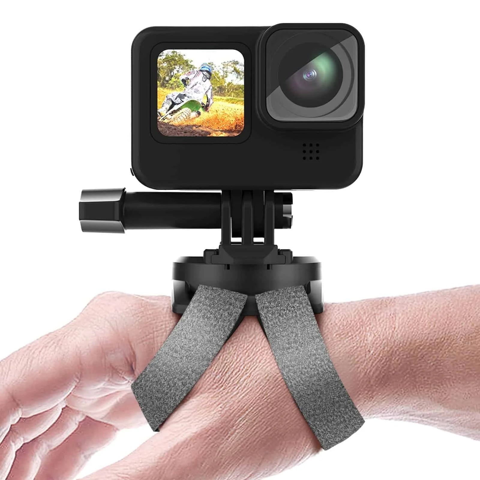 Action camera with wrist strap on a white background